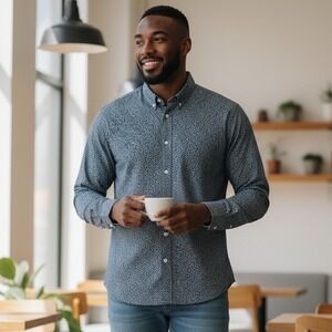 J Crew Flex Washed Button Down Shirt Mens Large Blue White Leaf Print